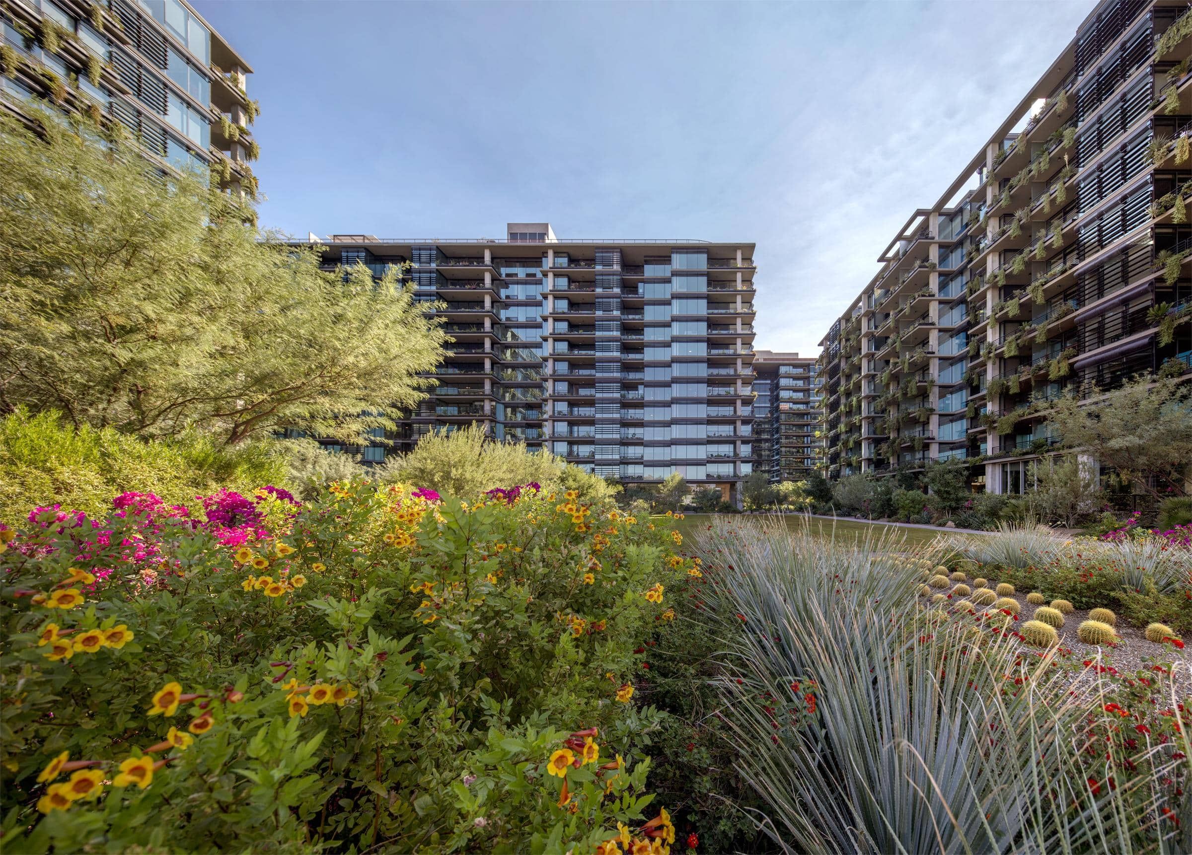 Modern apartment buildings with lush landscaped gardens and colorful flowers in the foreground.
