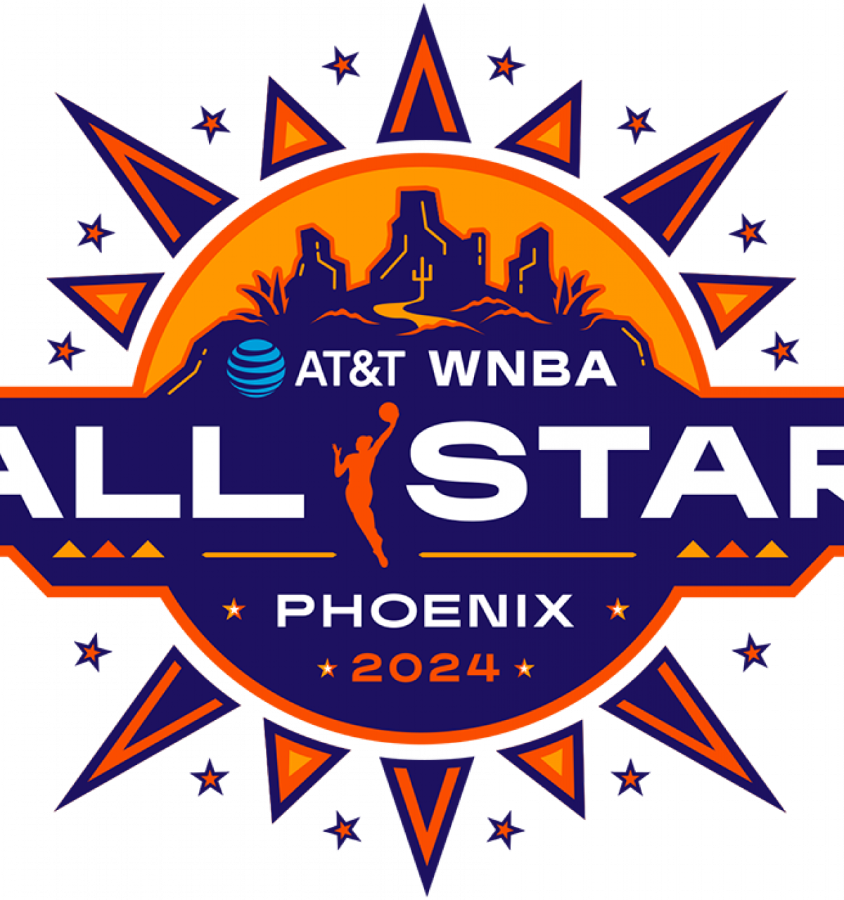 AT&T WNBA All-Star 2024 logo featuring Phoenix cityscape in vibrant orange, purple, and blue for July 2024.