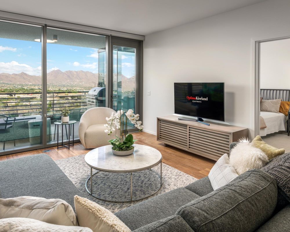 Modern living room with gray sofas, a TV, and large windows showing a balcony and mountain view.