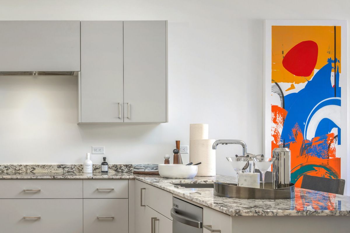 Modern kitchen with gray cabinets, stainless steel appliances, granite counters, and colorful wall art by local artists.