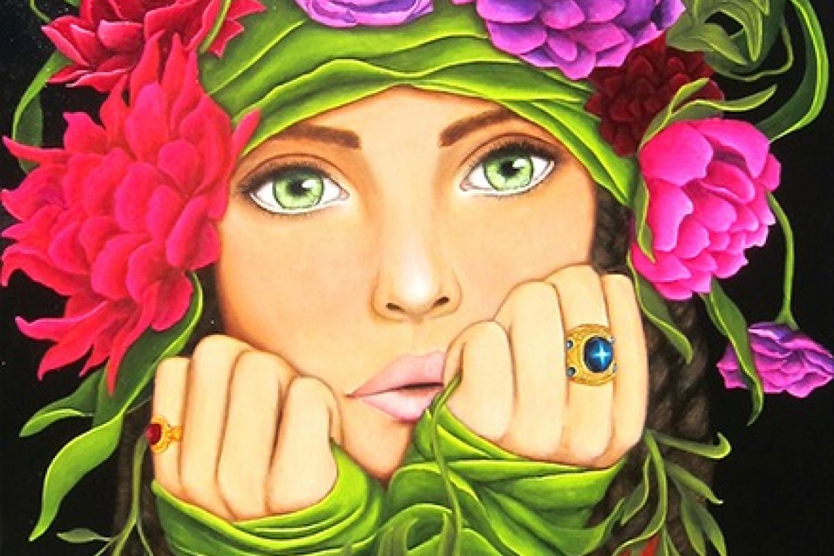 A woman with green eyes wears leafy clothing and flowers, evoking contemporary art galleries against a black background.