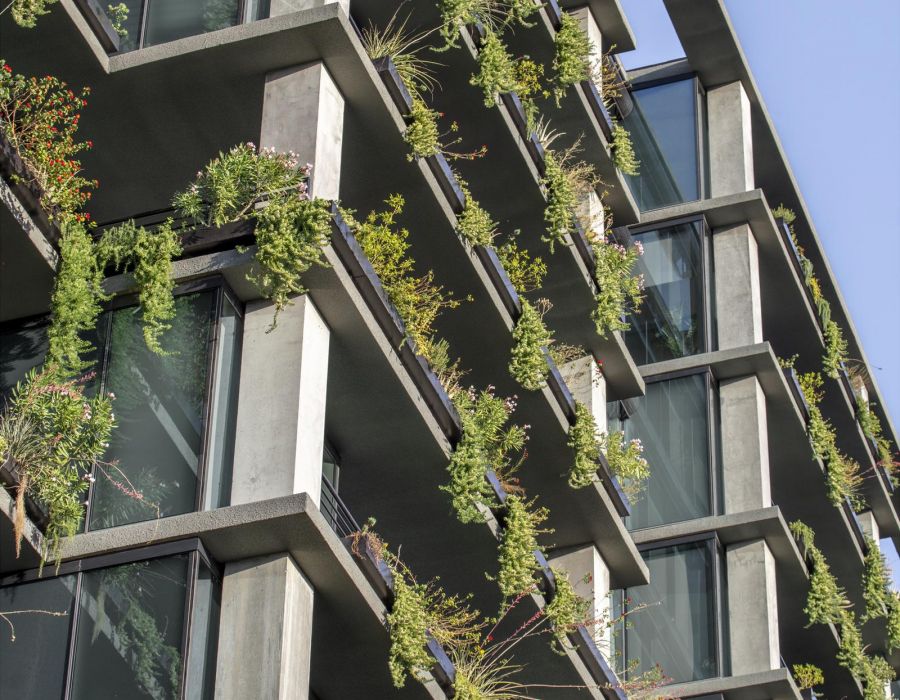 Modern building facade with rows of small green plants growing on concrete balcony ledges against a blue sky.