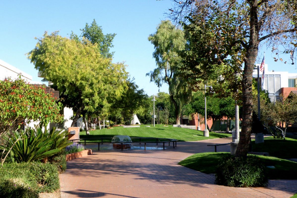 A brick pathway with a small fountain is surrounded by trees and grass at Scottsdale Civic Center on a sunny day.