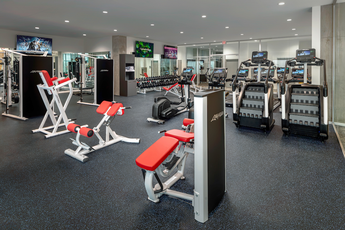 Modern gym with various exercise machines, free weights, and cardio equipment for strength training on a blue-speckled floor.
