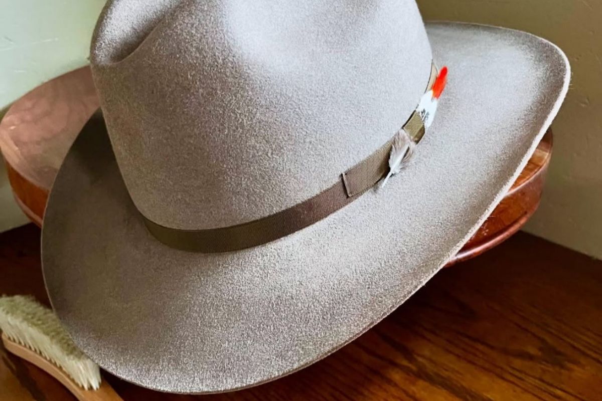 A light gray fedora with a feather accent brings modern fun to Hat Bars Scottsdale, resting stylishly on a wooden surface beside a brush.