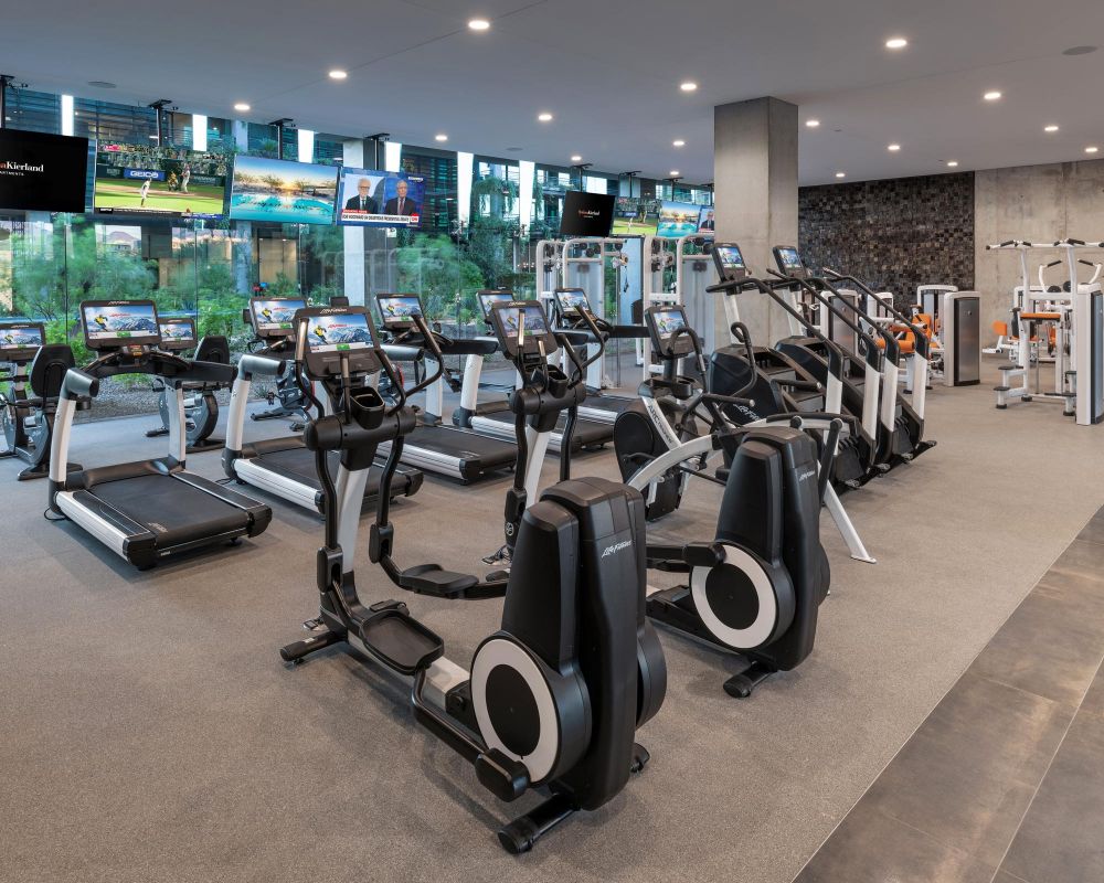 Modern gym with treadmills, ellipticals, and various exercise machines, TVs on walls, large windows outside.