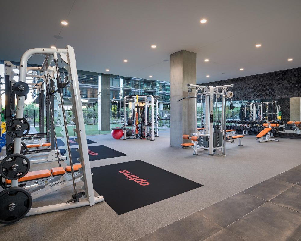 Modern gym with weight machines, benches, barbells, and mirrors in a spacious, well-lit room.
