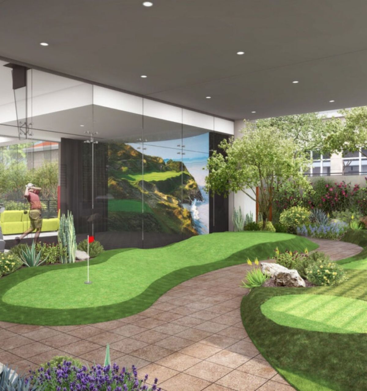 Indoor putting green with artificial grass, plants, and people practicing golf—one of the new amenities at Optima Kierland Apartments.
