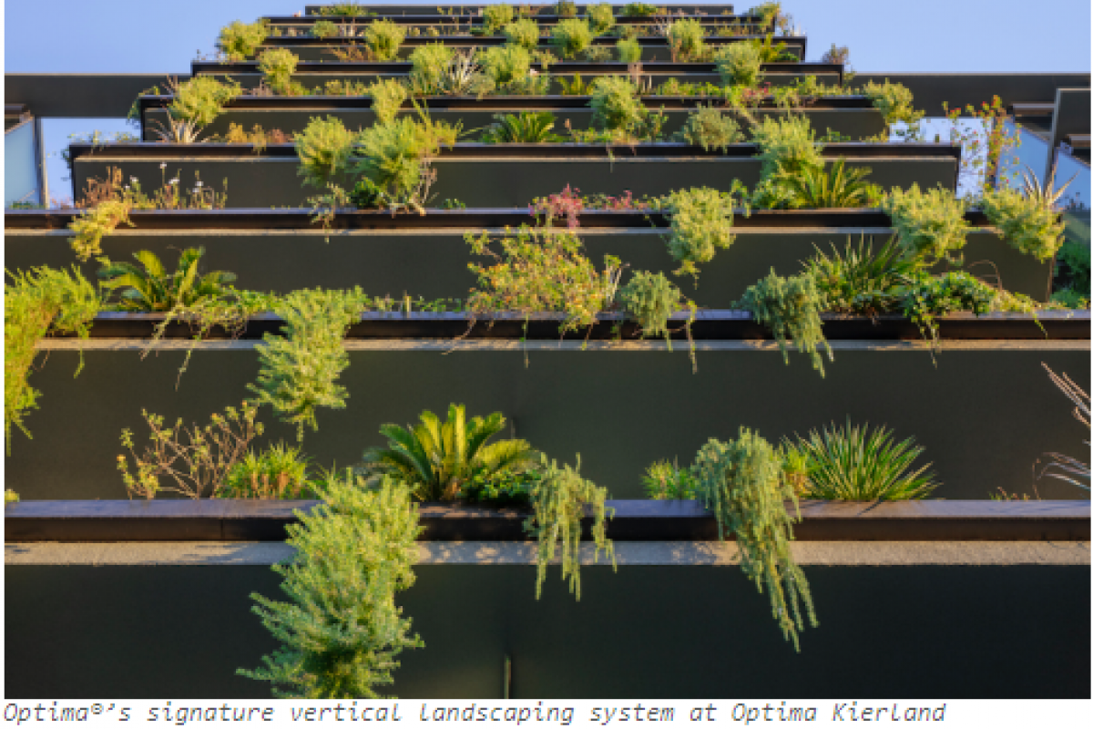 Tall building facade in Arizona showcasing xeriscaping, with lush green plants cascading from balconies—an example of sustainable living.