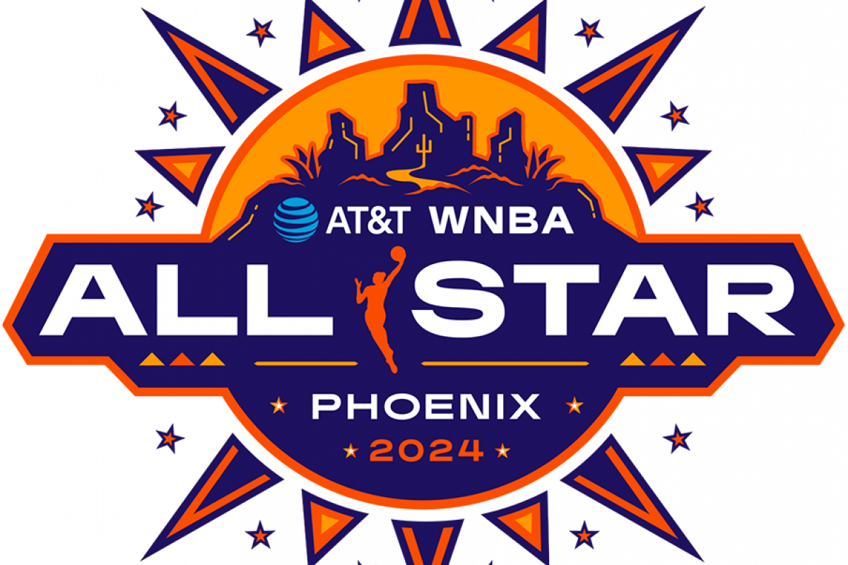 AT&T WNBA All-Star 2024 logo featuring Phoenix cityscape in vibrant orange, purple, and blue for July 2024.