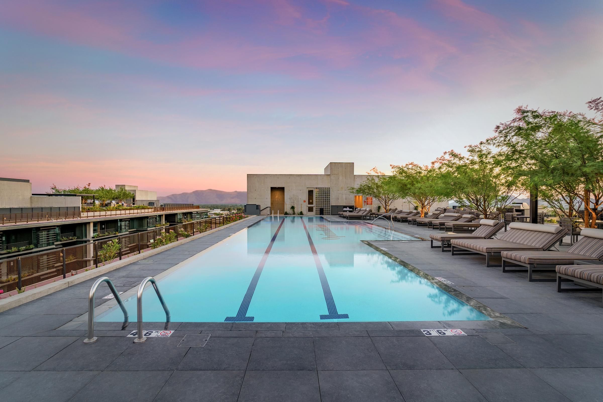 Rooftop swimming pool with lounge chairs at sunset, surrounded by modern buildings and trees.