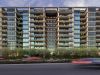 Modern glass apartment with balconies and greenery, showcasing sustainable architecture, viewed from across a street with blurred car lights.