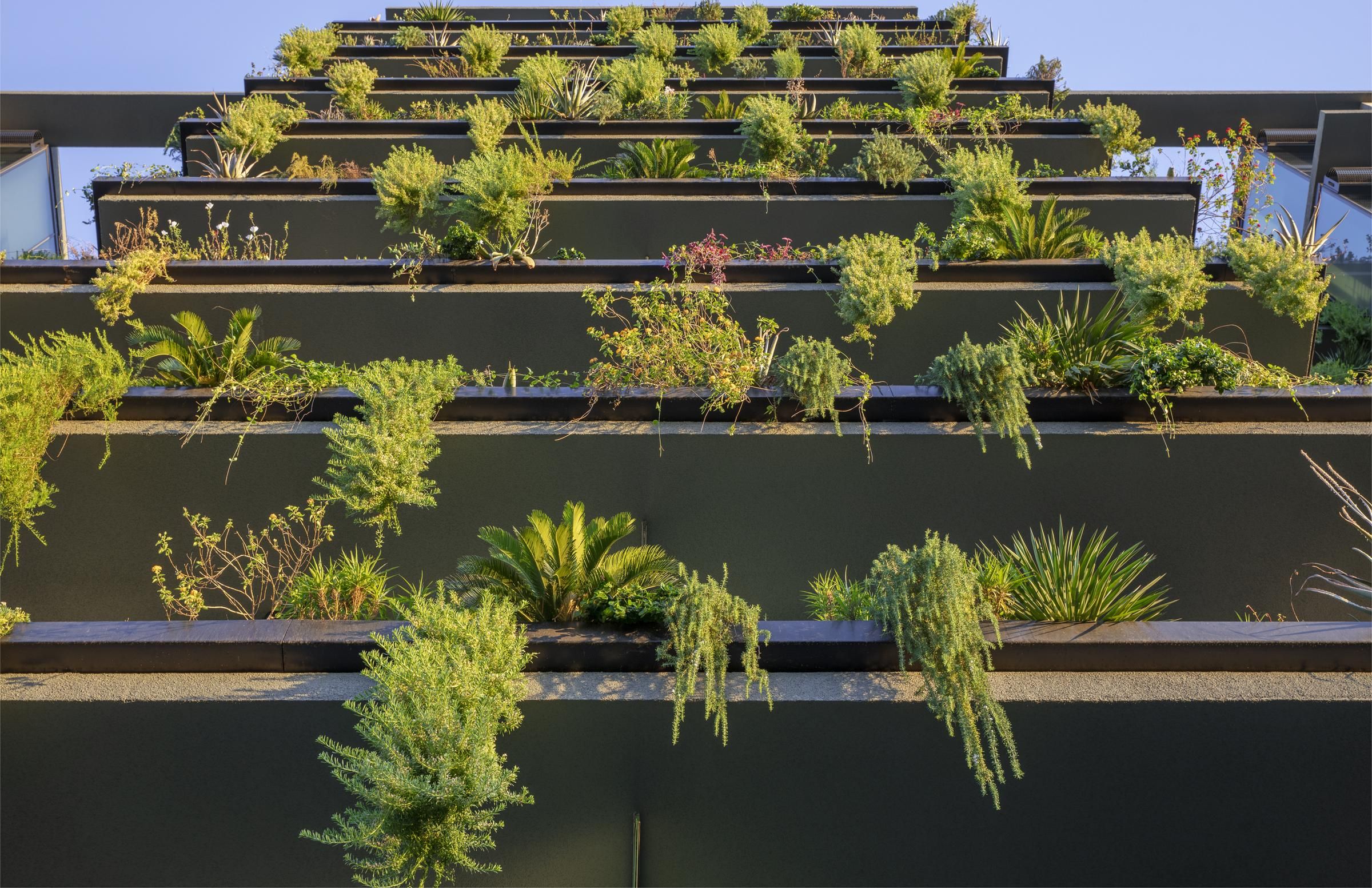 A building facade with many green plants growing on tiered balconies, viewed from below.