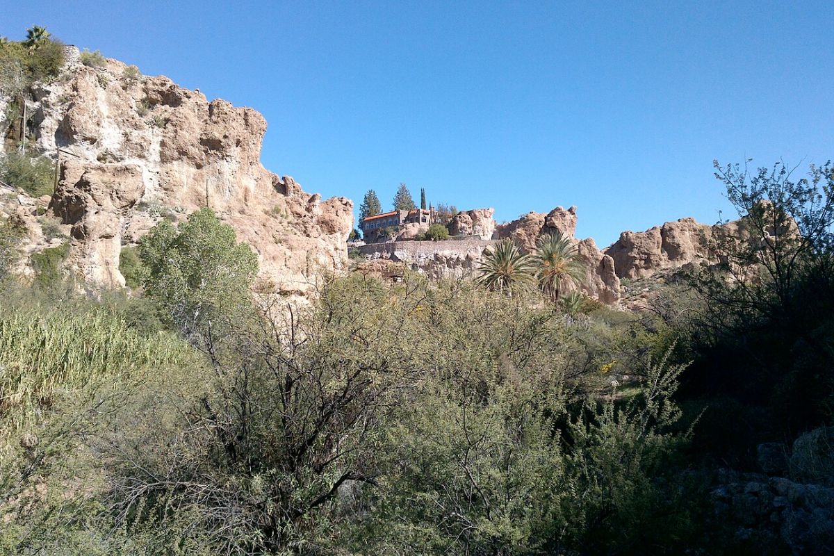 A rocky hillside with sparse vegetation near the Boyce Thompson Arboretum, with a building and trees under a clear blue sky.