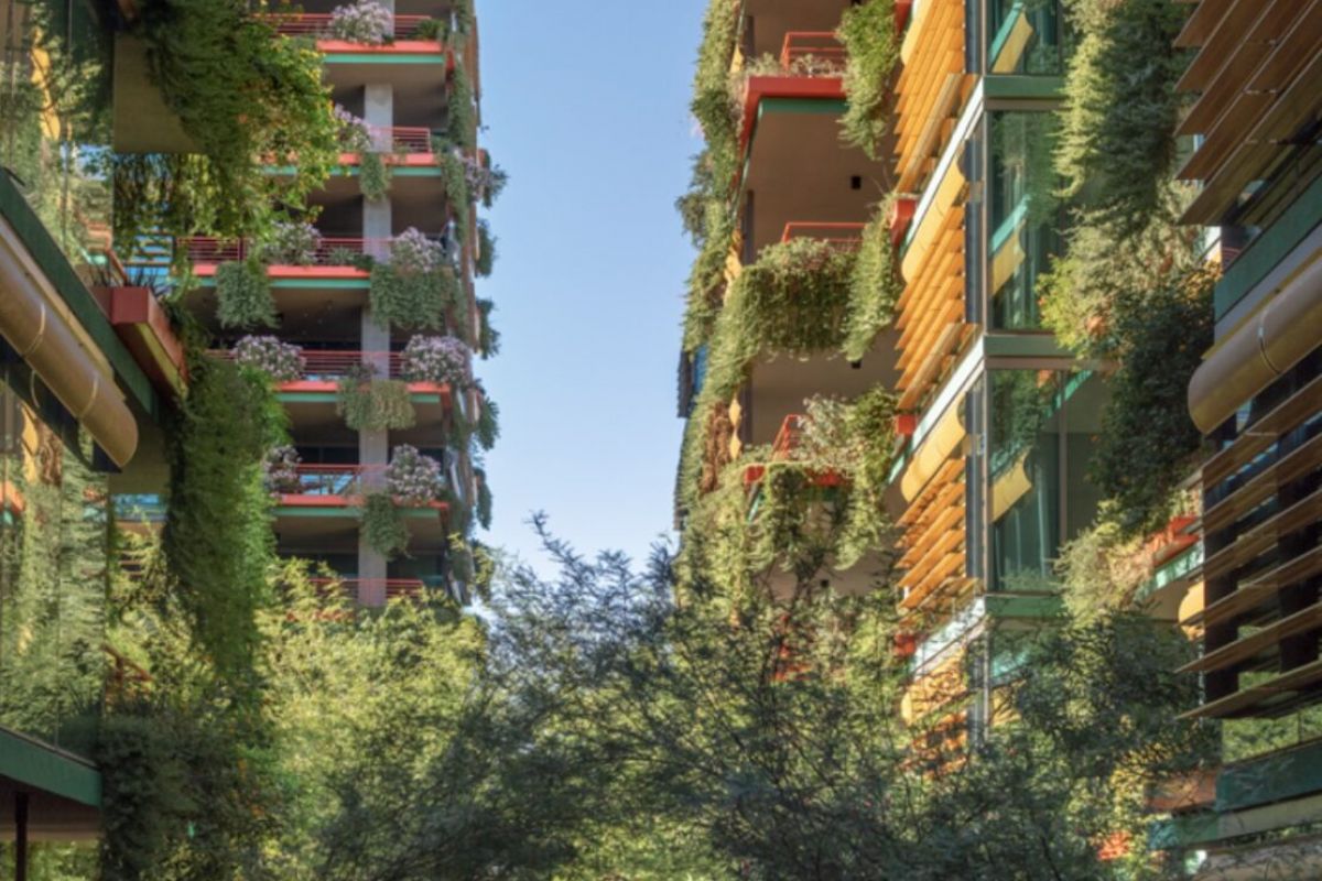 A person walks a dog between tall buildings, enjoying lush green balconies that highlight vibrant outdoor living spaces.