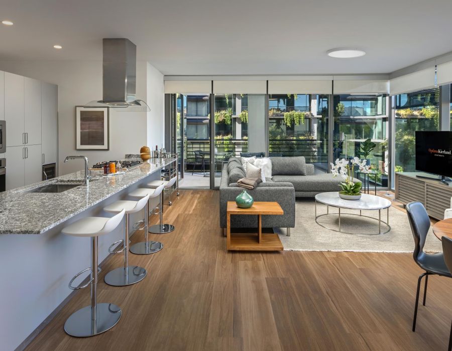 Modern open-plan kitchen and living area with bar stools, gray sofa, and large windows letting in natural light.