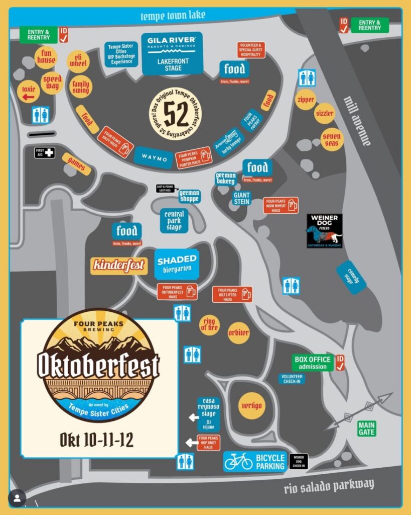 Event map for Four Peaks Oktoberfest at Tempe Beach Park, showing stages, food areas, entrances, kids' zone, shaded seating, and parking.