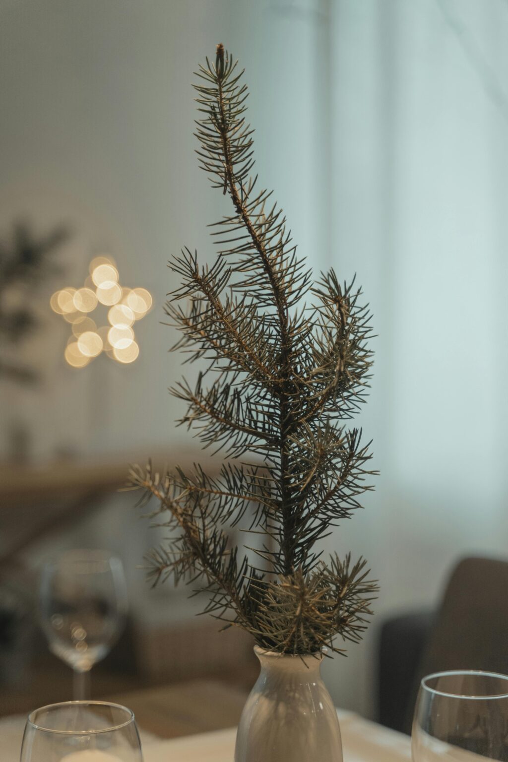 A small pine branch in a vase adds a modernist interiors touch, with blurred lights and wine glasses evoking festive holiday decorating.