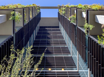 Upward view of Optima Kierland with vertical landscaping, featuring plants growing on balcony edges against a clear blue sky.