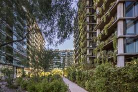 Pathway between modern buildings covered with greenery and plants, with trees and bushes along the sides.