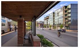 A cyclist rides past modern glass buildings and a bus stop with benches on a sunny urban street.