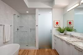 Modern bathroom with glass shower, bathtub, double sink, potted plant, and two framed art pieces on the wall.